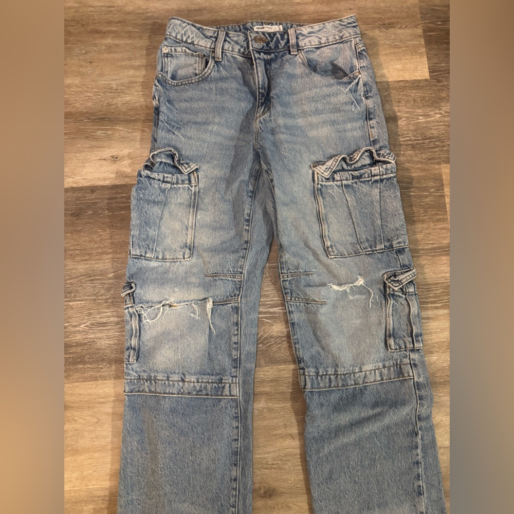 Distressed Blue Cargo Jeans garage denim